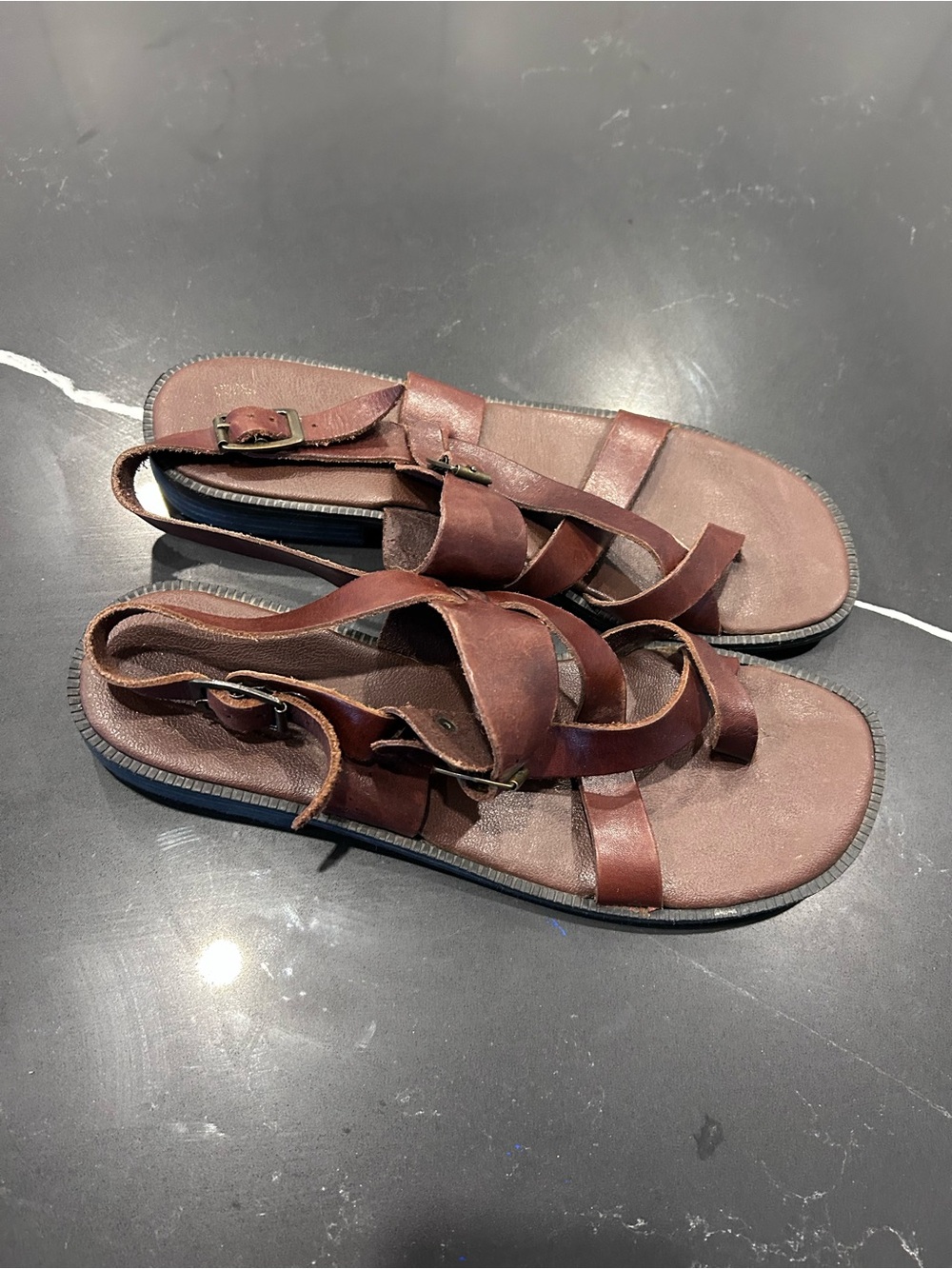 Diffusion Brown Leather Strappy Sandals Comfort Casual Slides Minimalist